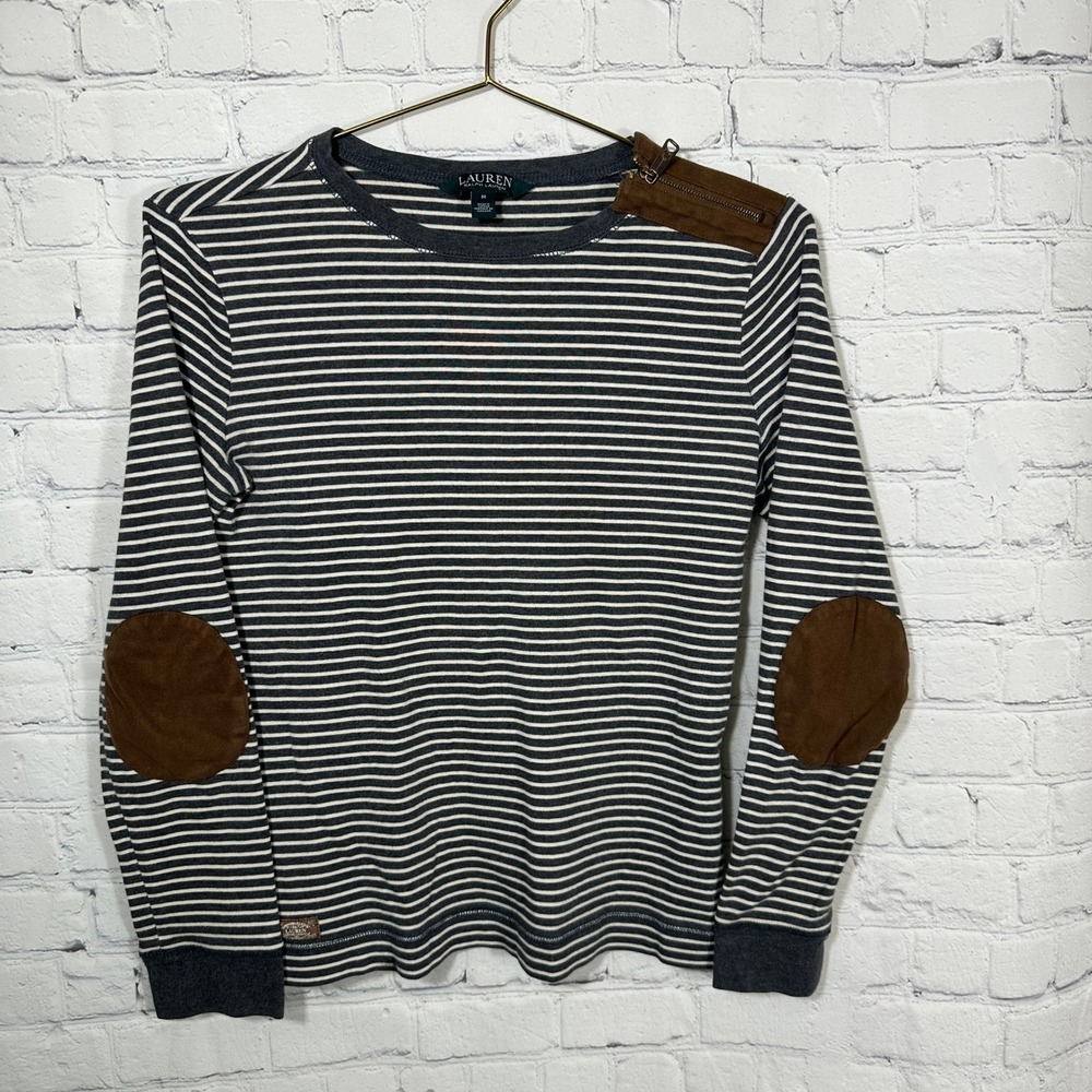 Lauren Ralph Lauren Womens Grey Striped‎ Elbow Patch Shoulder Zip Top Medium
